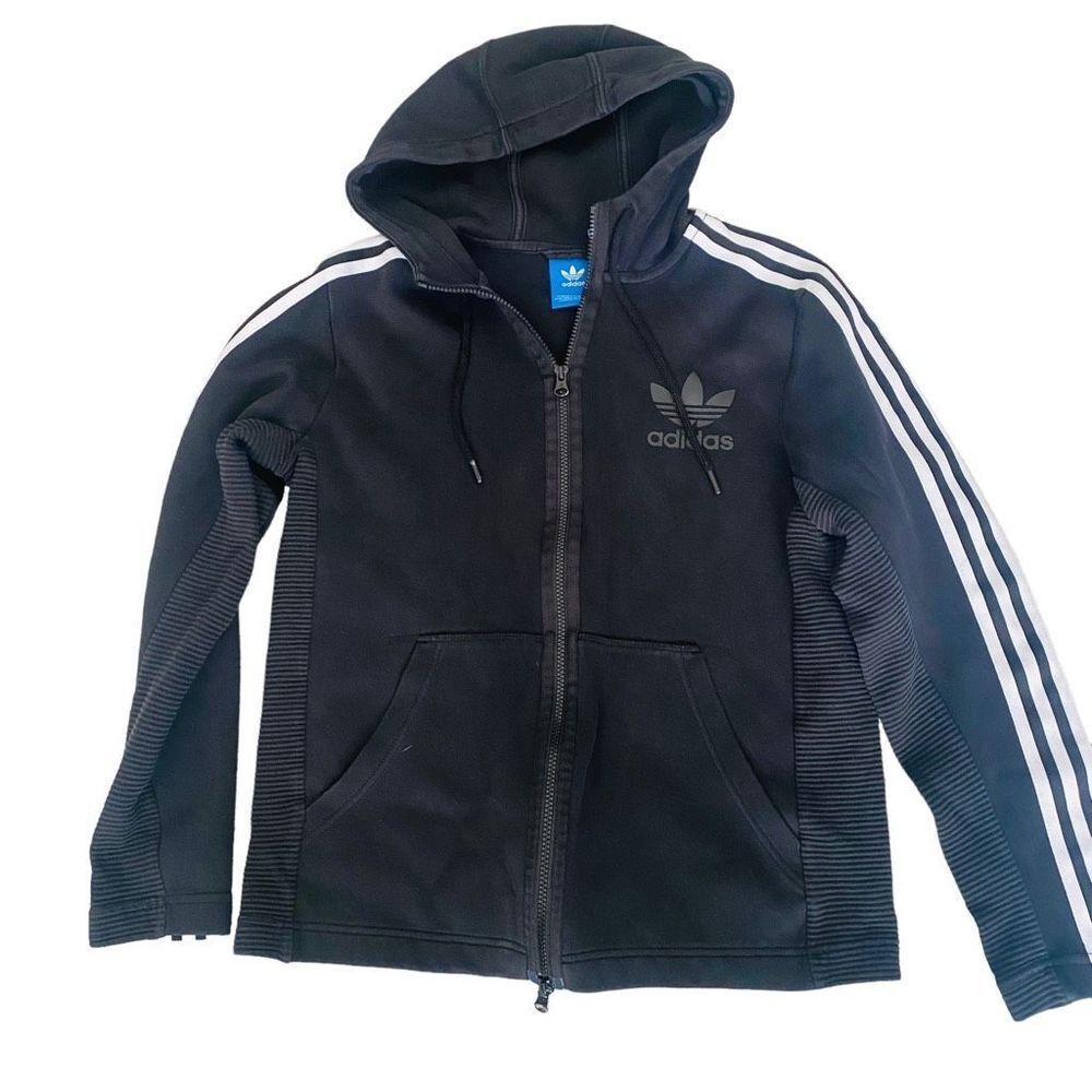 Adidas Black and White Hoodie with Iconic Stripes and trefoil logo